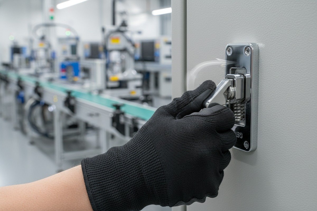 Quarter-turn locking system meeting IP66 standards through preload and gasket compression testing (ID#4)