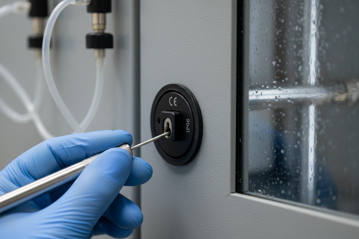 Verifying CE marking and IP ratings for electrical cabinet locks during pre-shipment inspection (ID#2)