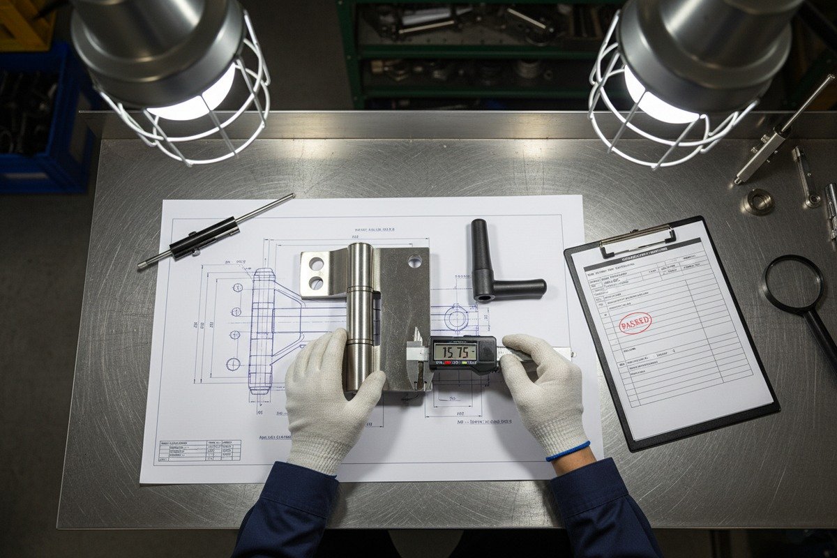 Quality checkpoints including dimensional verification and functional testing for cabinet hinges and latches (ID#3)